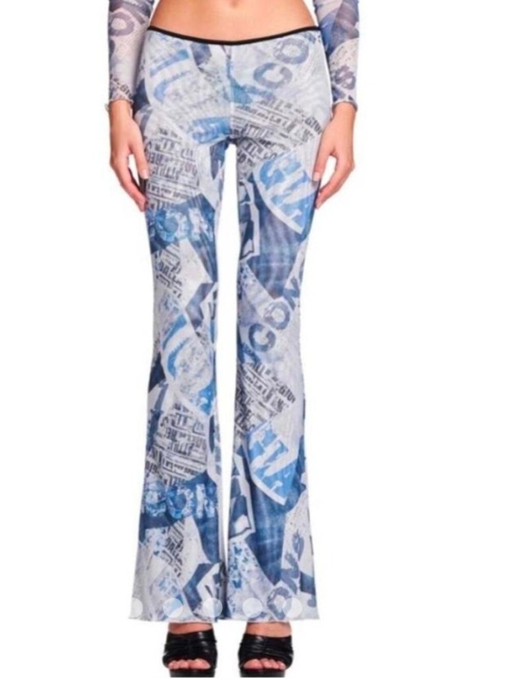 I.AM.GIA. Blue Graphic Print Flared Pants Mesh Low Rise Lightweight Size XS